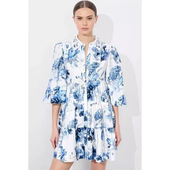 Alice + Olivia Women's Blue White Floral Tiered Junia Mini Dress Size 0 NWOT Alice + Olivia Women's Blue White Floral Tiered Junia Mini Dress Size 0 NWOT